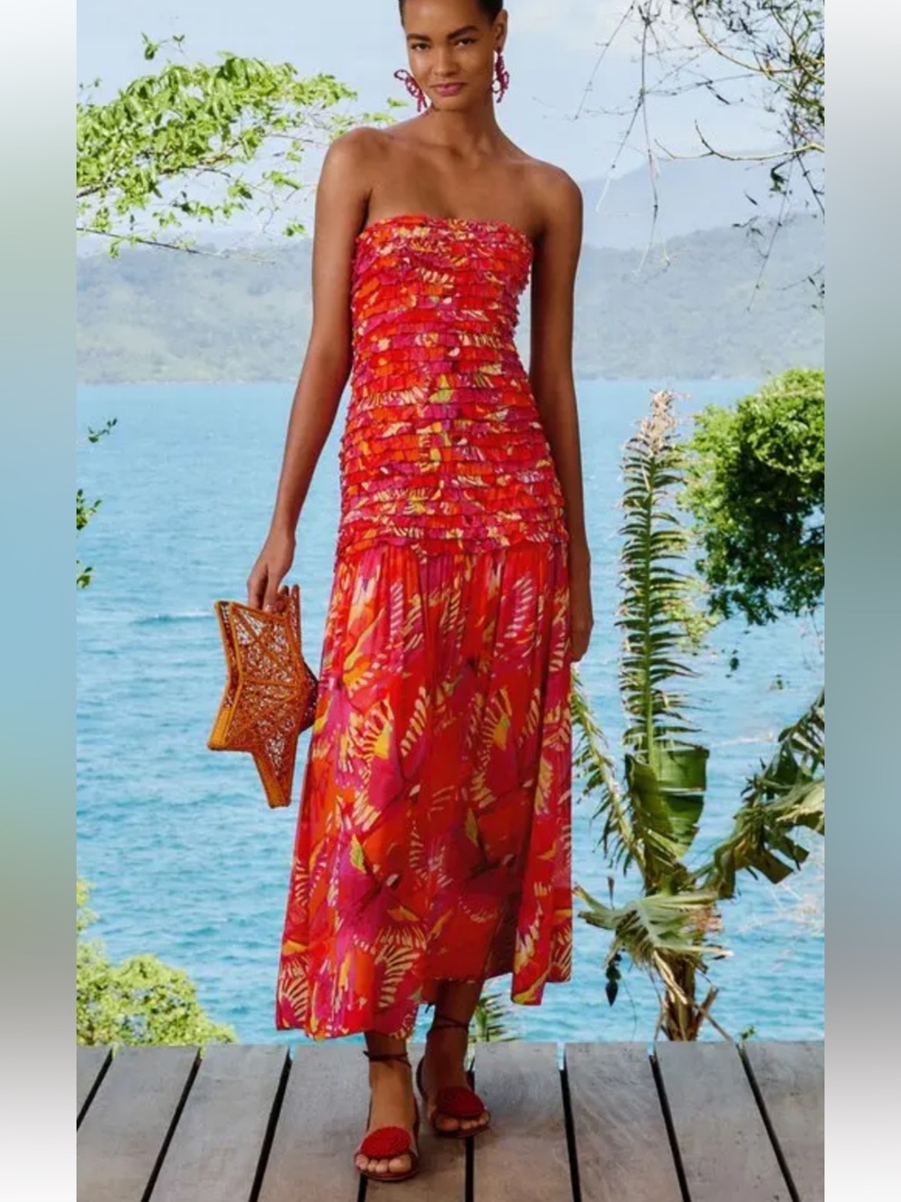 Farm Rio NWT Flying Birds Orange Colorful Strapless Midi Dress Size M